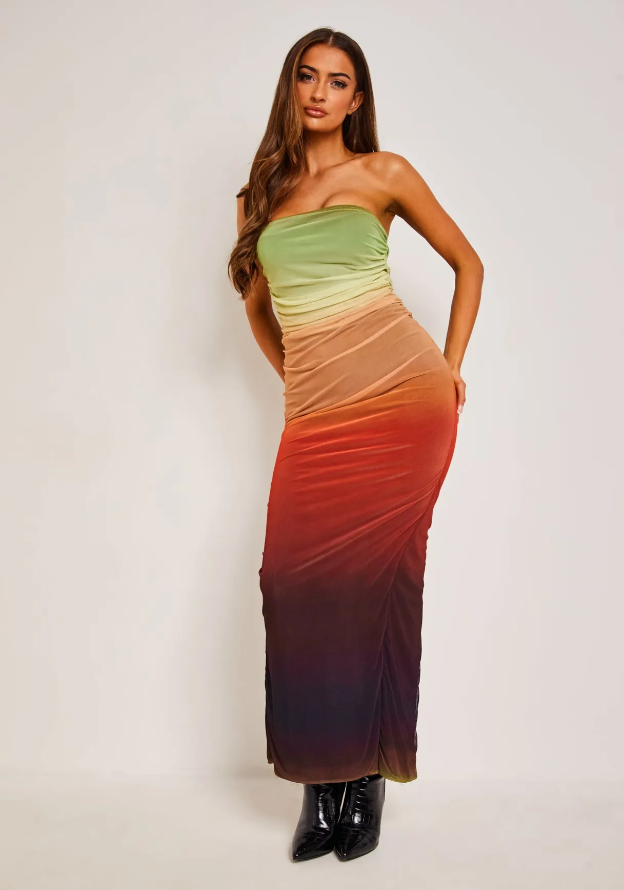 Amiah Multicolour Orange Ombre Mesh Maxi Dress