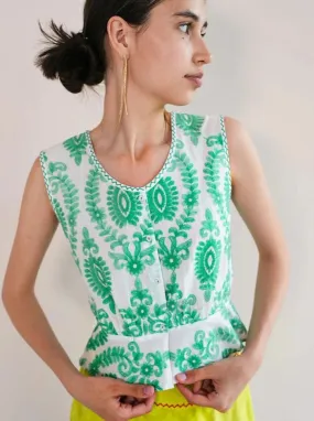 Angelica Blouse in White/ Green Ornament Embroidery