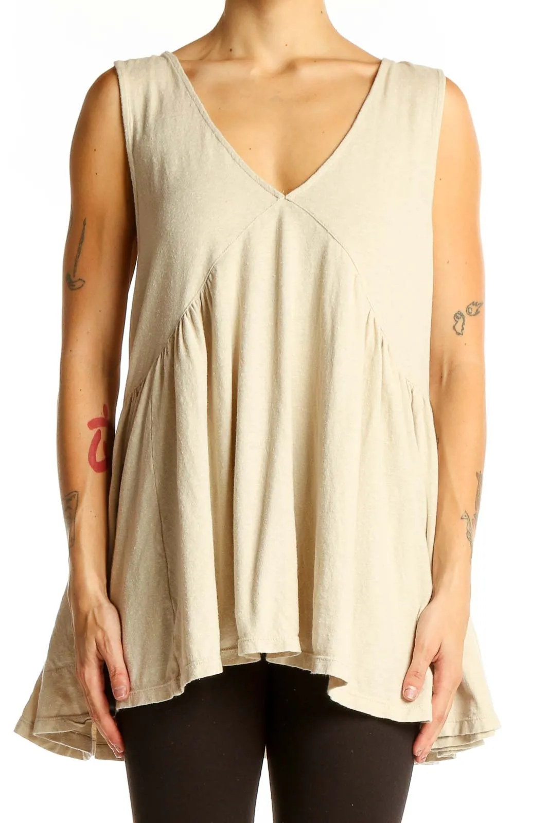 Beige Flowy V-Neck Sleeveless Tunic