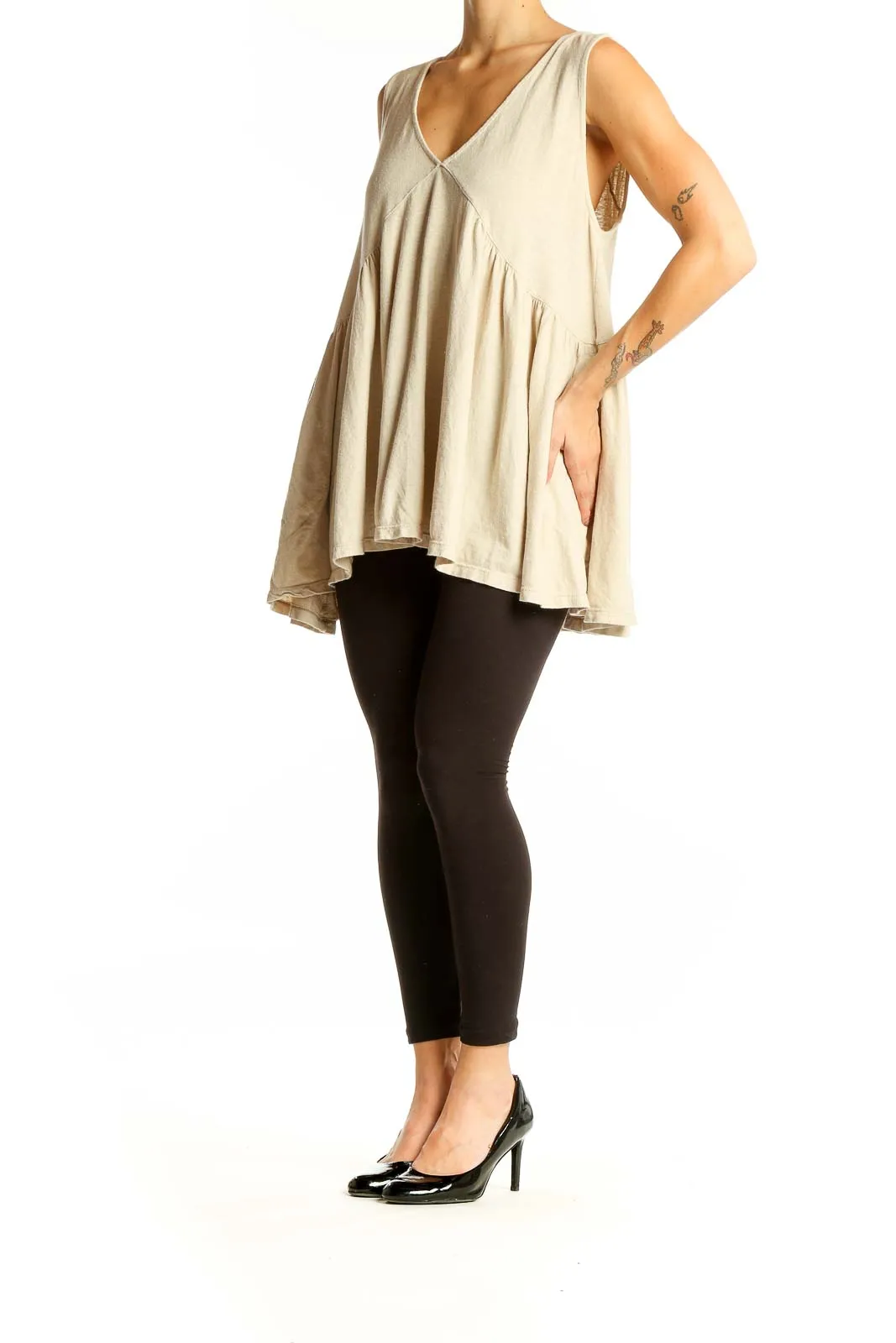 Beige Flowy V-Neck Sleeveless Tunic