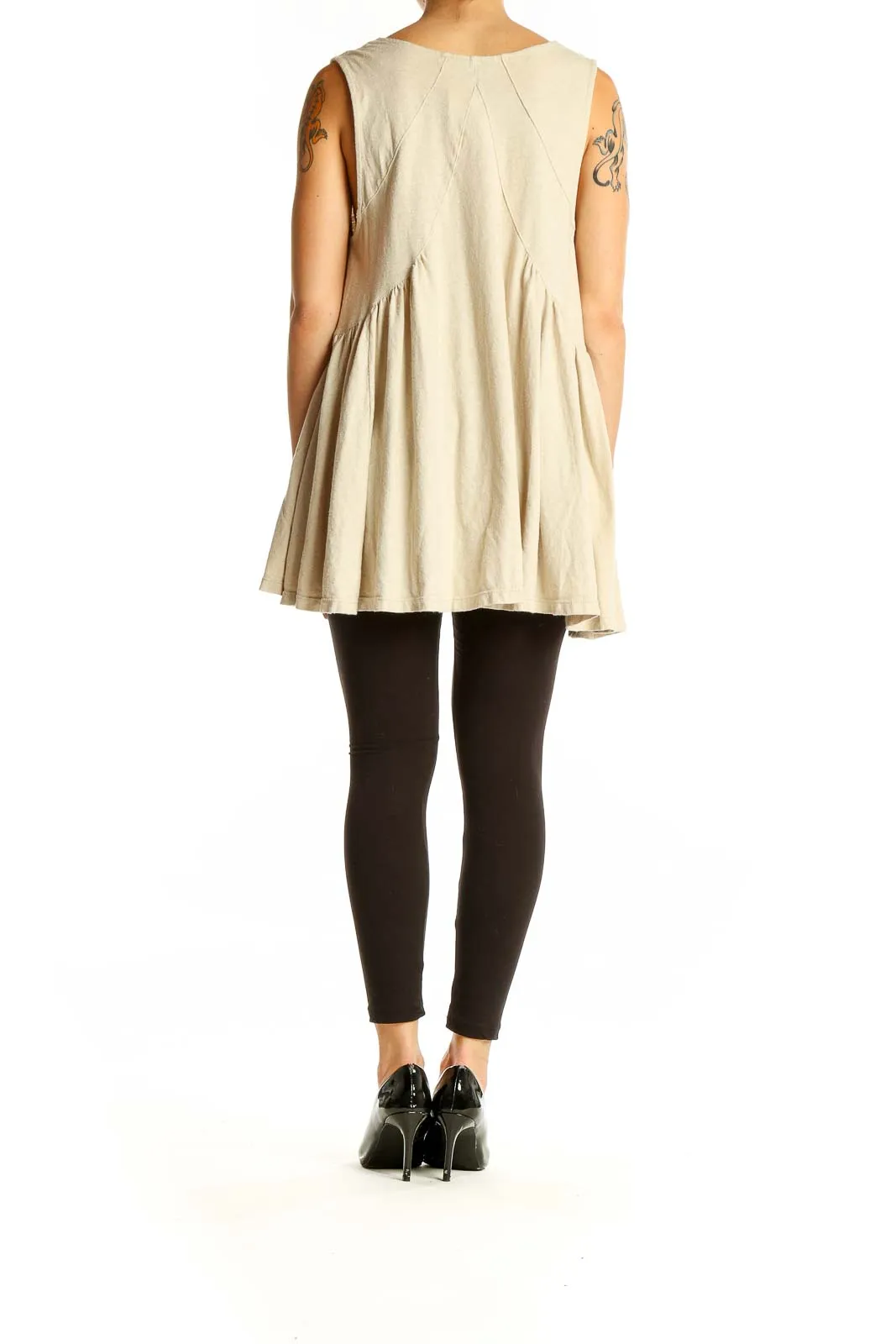 Beige Flowy V-Neck Sleeveless Tunic