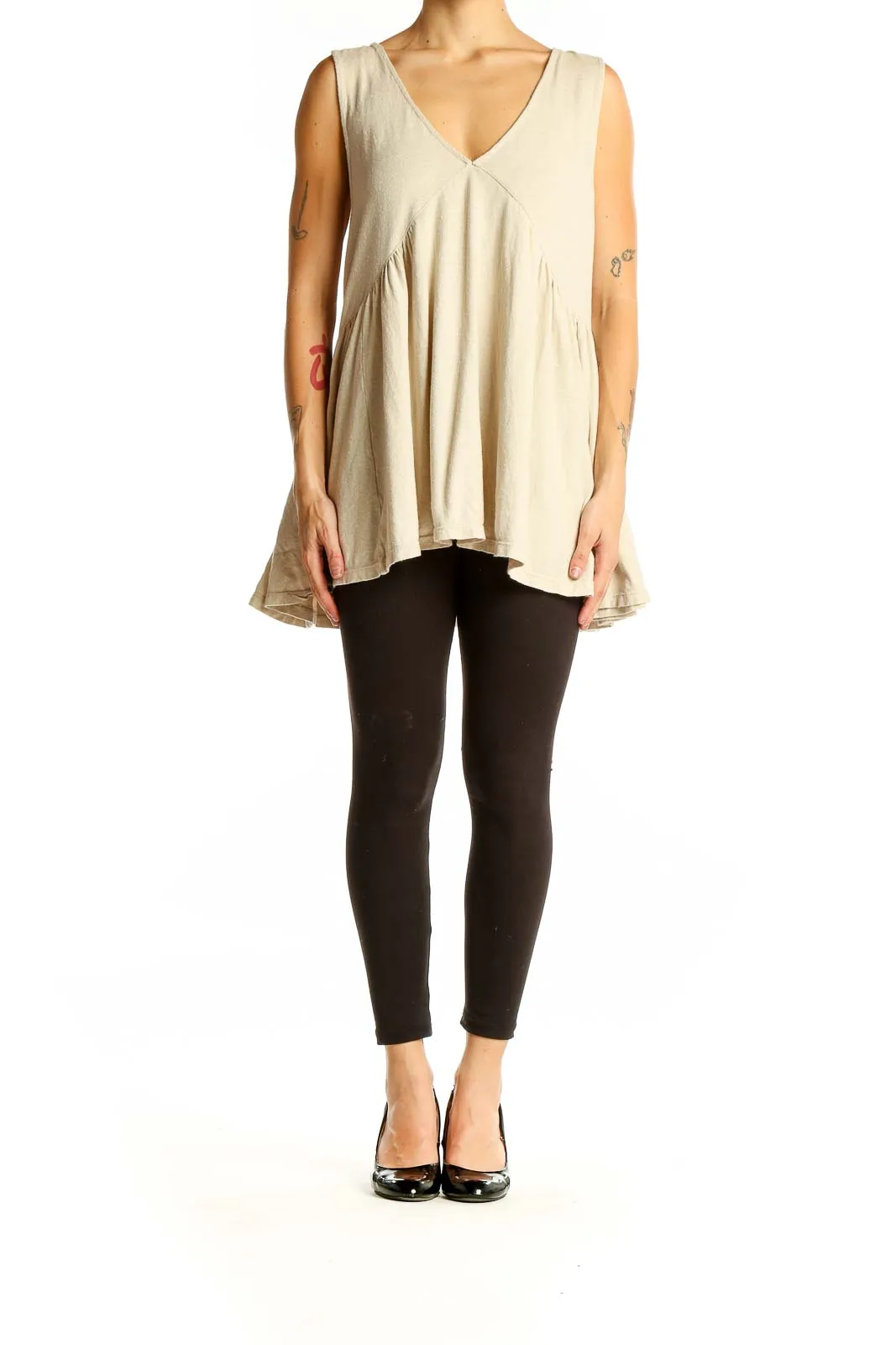 Beige Flowy V-Neck Sleeveless Tunic