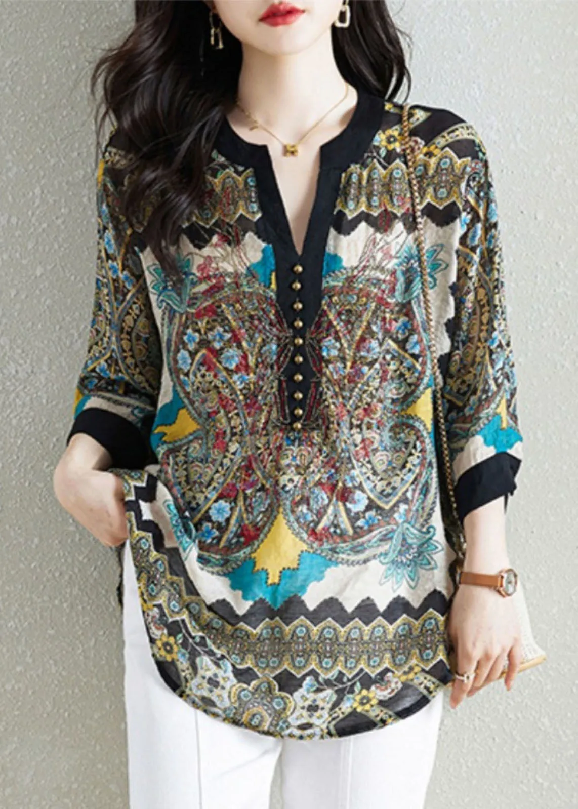 Black Print Patchwork Chiffon Shirt Tops V Neck Nail Bead Summer TQ1016