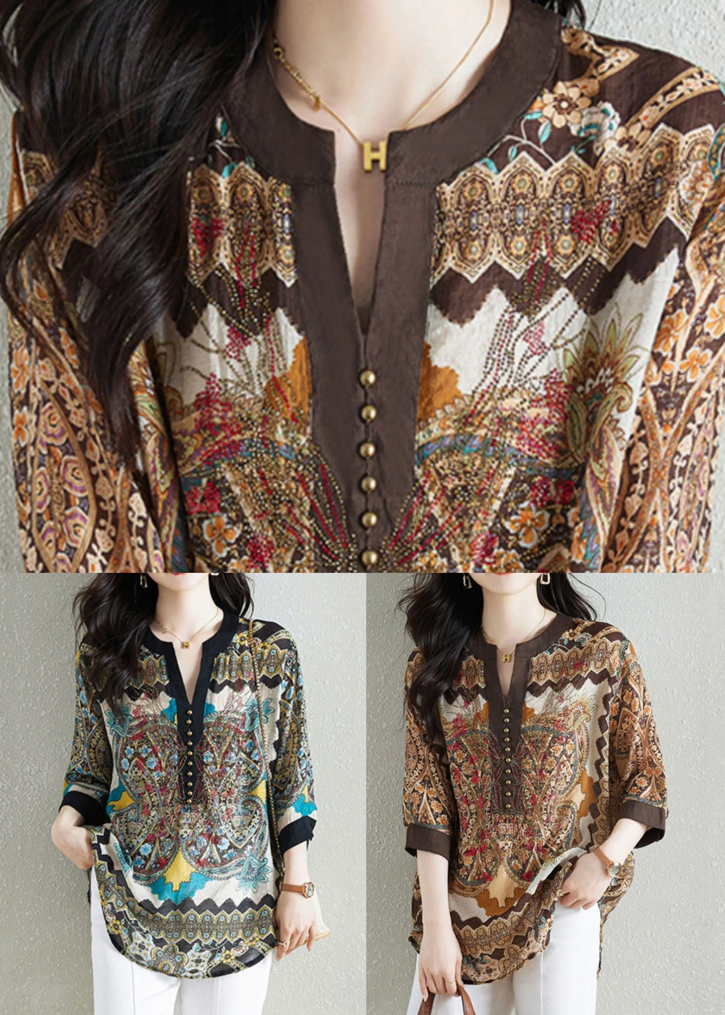 Black Print Patchwork Chiffon Shirt Tops V Neck Nail Bead Summer TQ1016