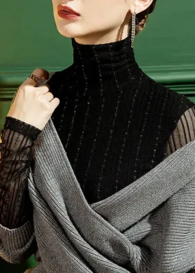 Black Turtleneck Bright Silk Lace Tops