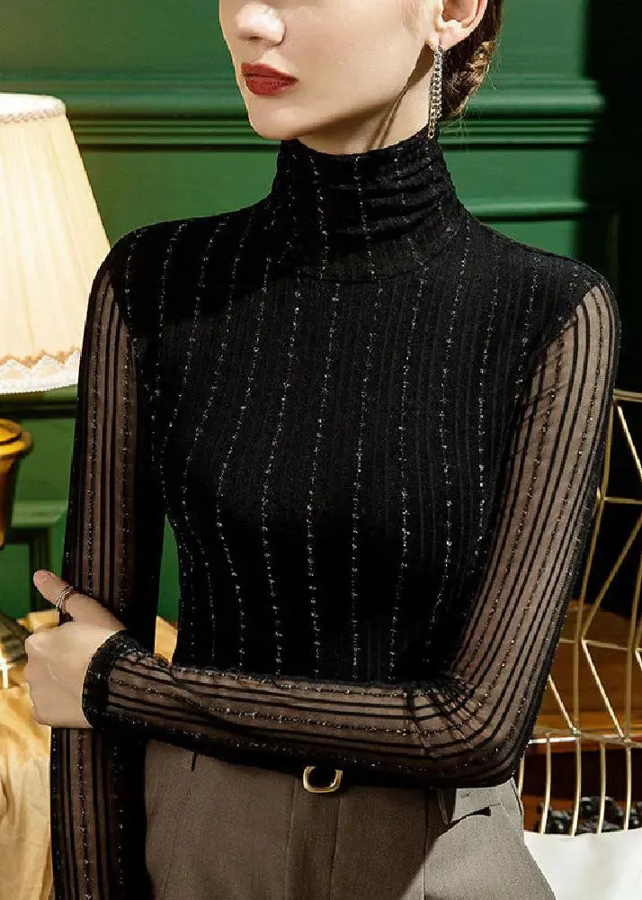 Black Turtleneck Bright Silk Lace Tops