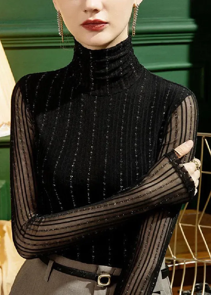 Black Turtleneck Bright Silk Lace Tops