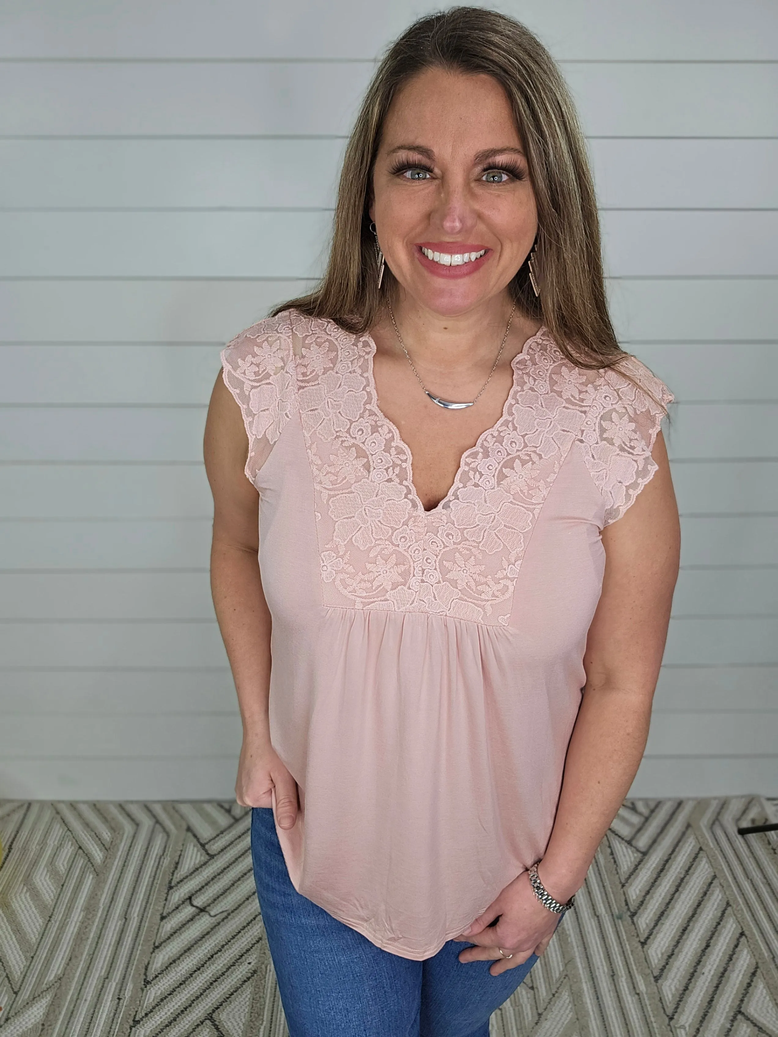 BLUSH FLOWY LACE TRIM CAP SLEEVE TOP