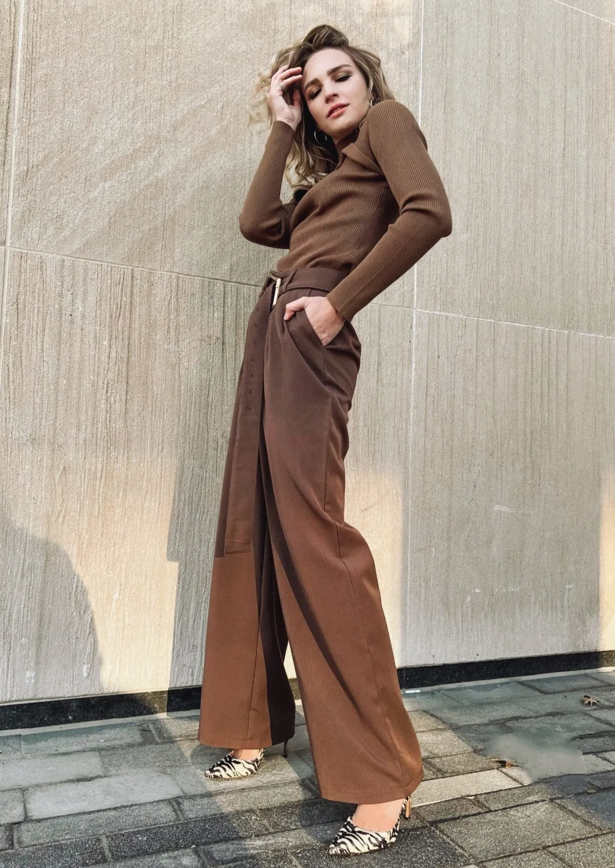 Bordeaux Brown Wide Leg Trousers