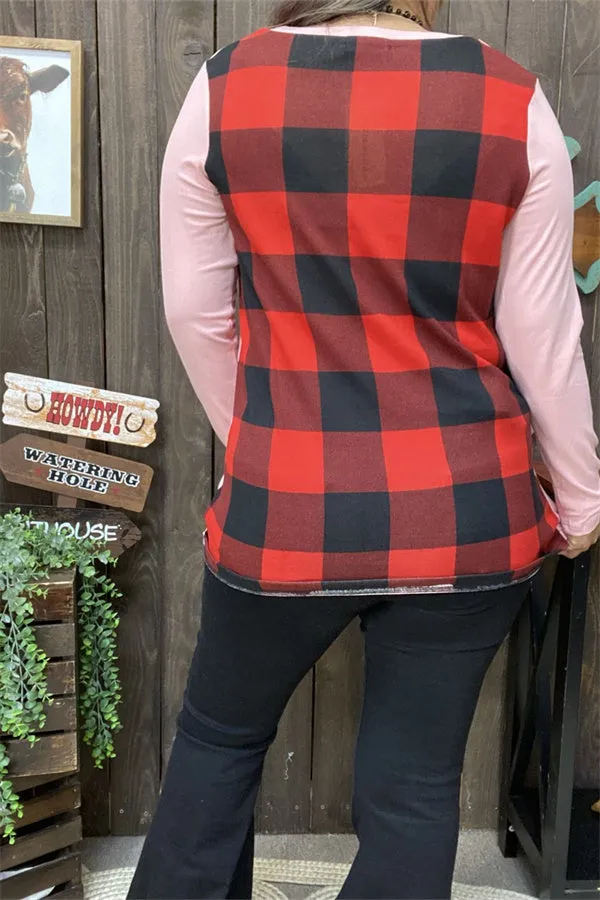 BQ8142 Pink long sleeve top w/plaid printed back women tops