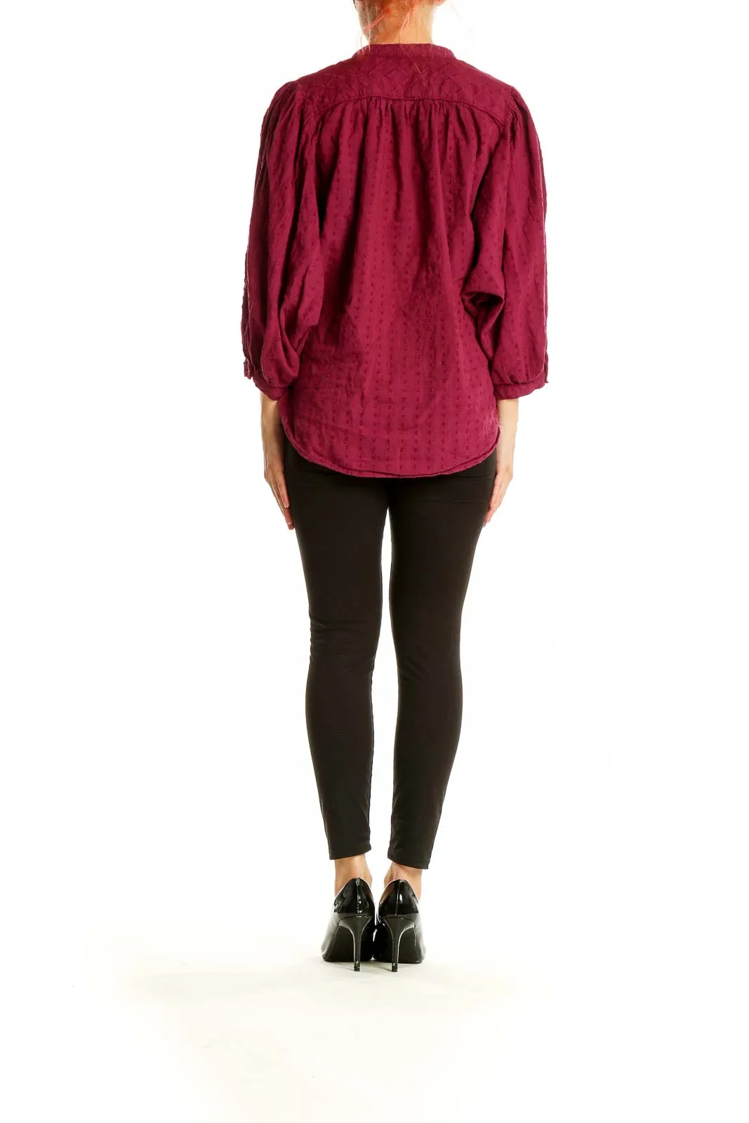 Burgundy Textured Cotton Button-Up Blouse