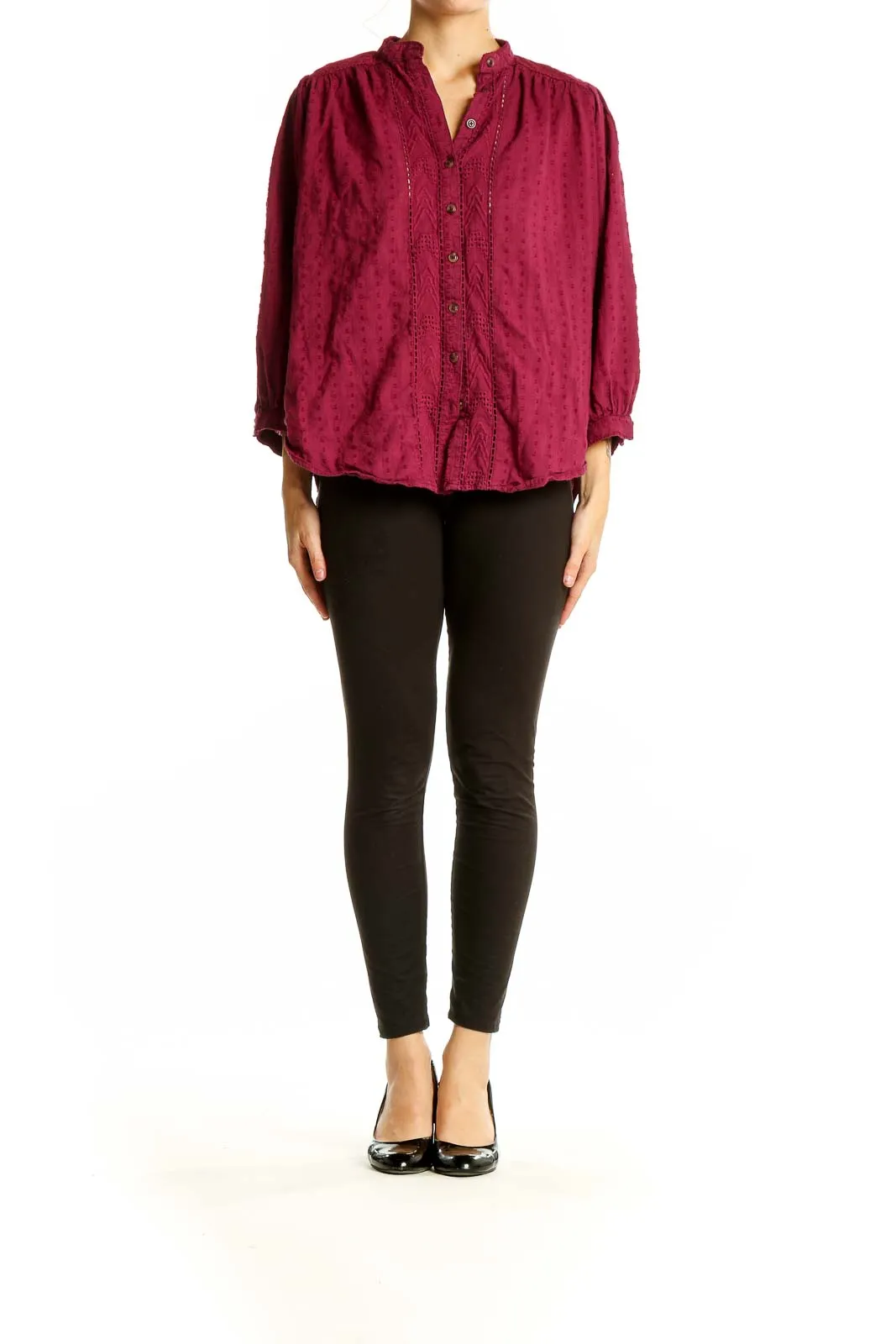 Burgundy Textured Cotton Button-Up Blouse