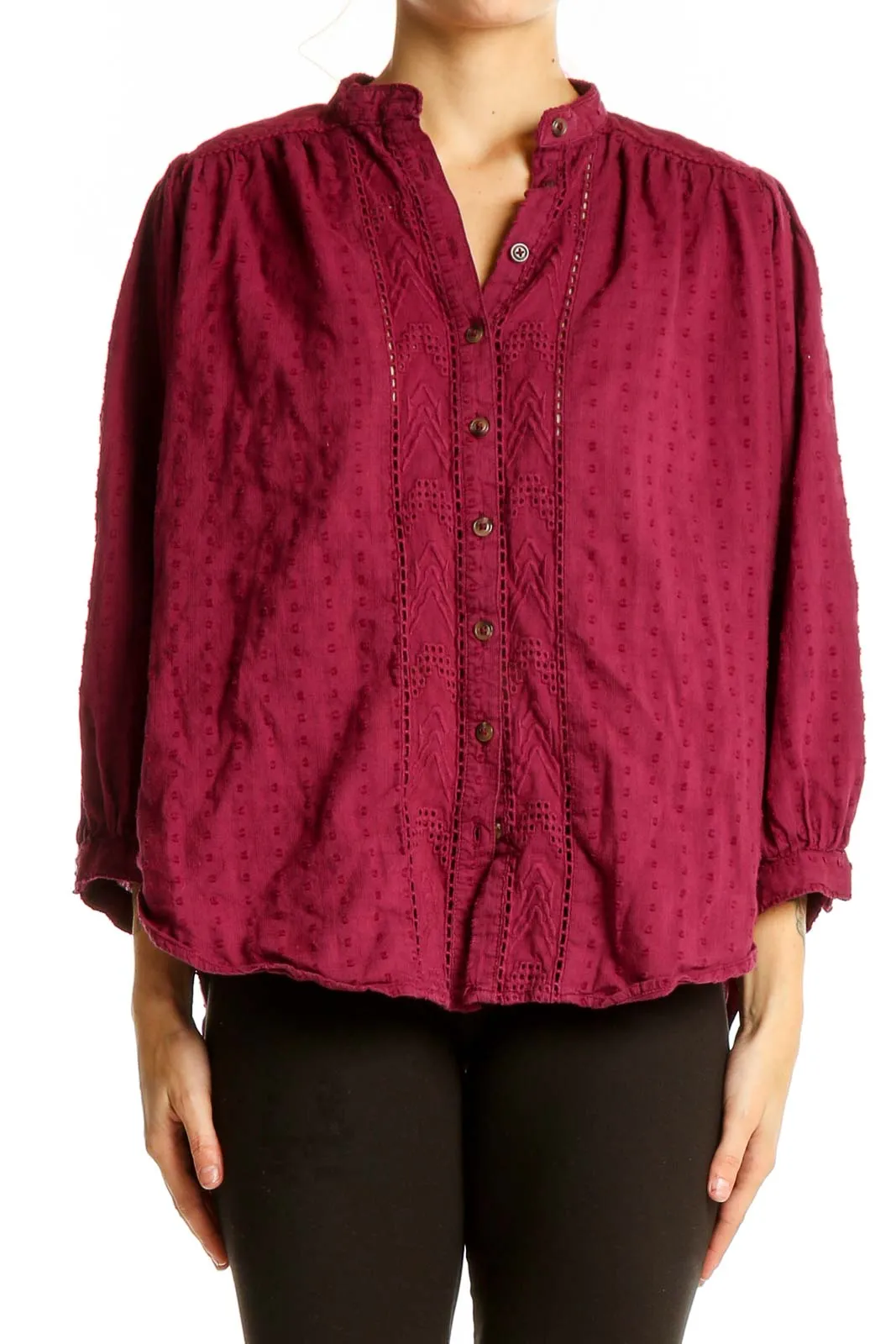 Burgundy Textured Cotton Button-Up Blouse