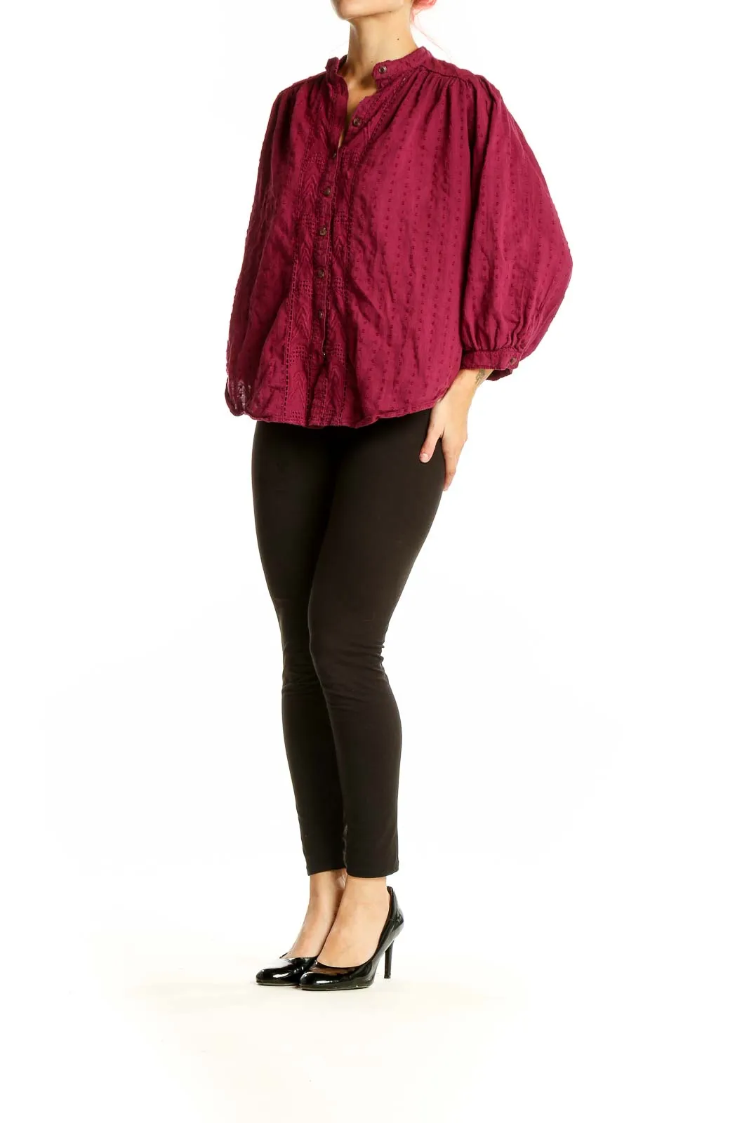 Burgundy Textured Cotton Button-Up Blouse