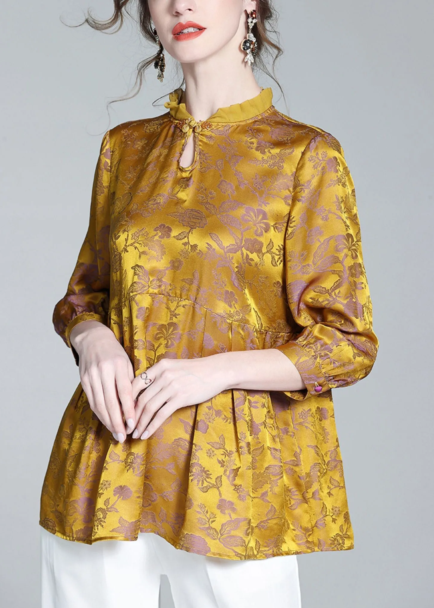 Casual Gold Stand Collar Print Button Silk Tops Long Sleeve LY0147