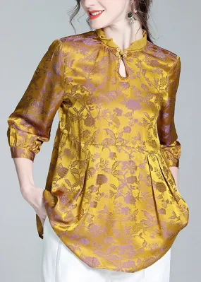 Casual Gold Stand Collar Print Button Silk Tops Long Sleeve LY0147