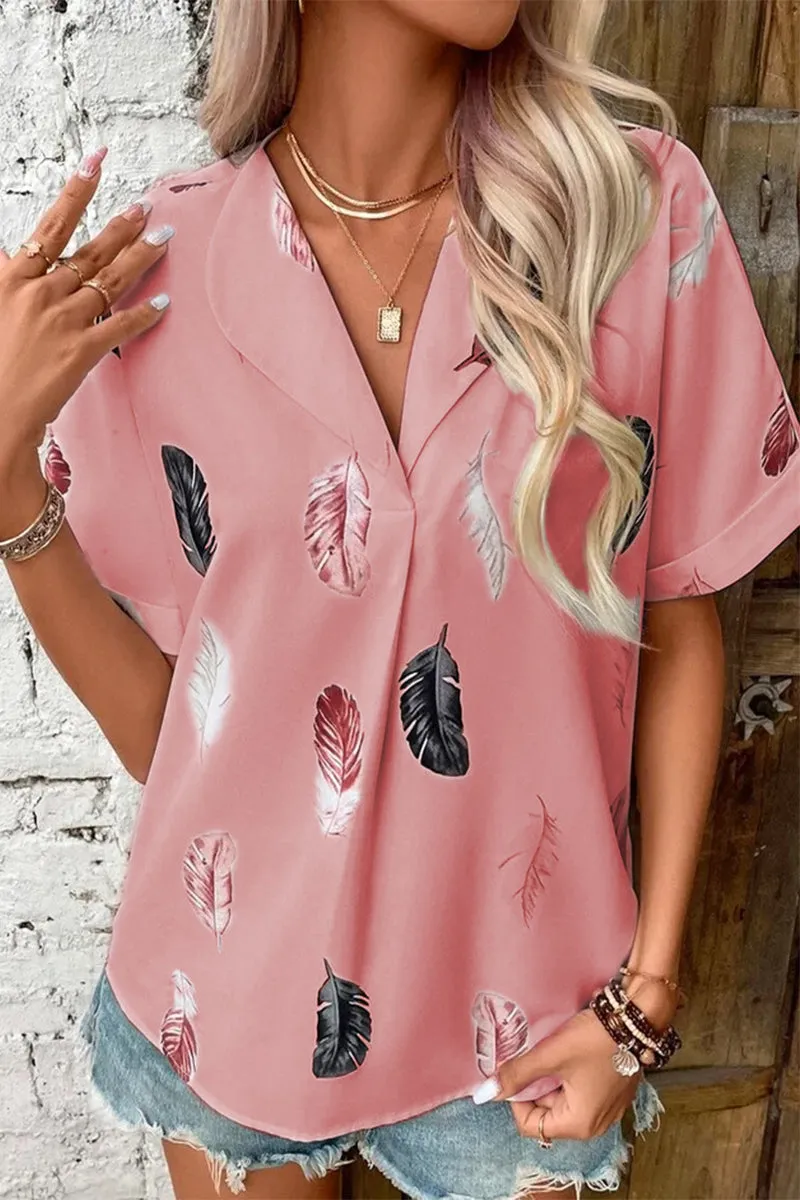 Casual Print Patchwork Turndown Collar Tops