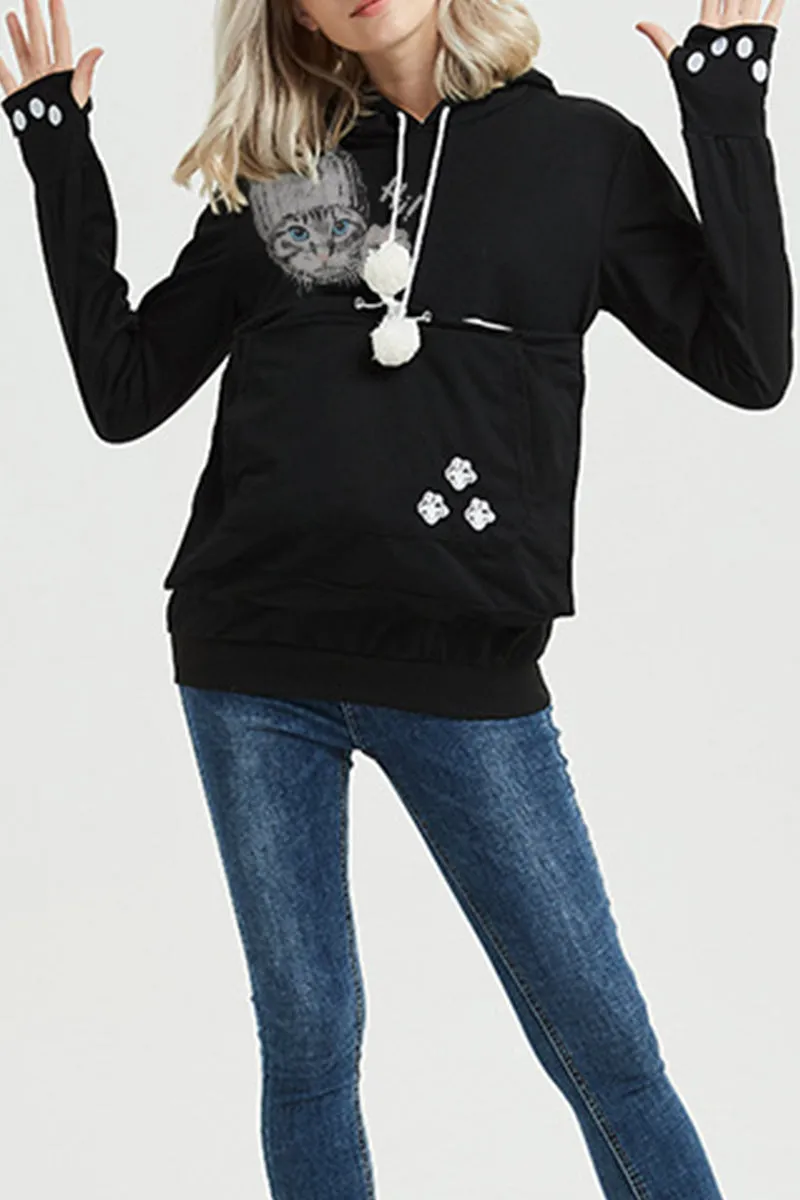 Casual Print Pocket Hooded Collar Tops