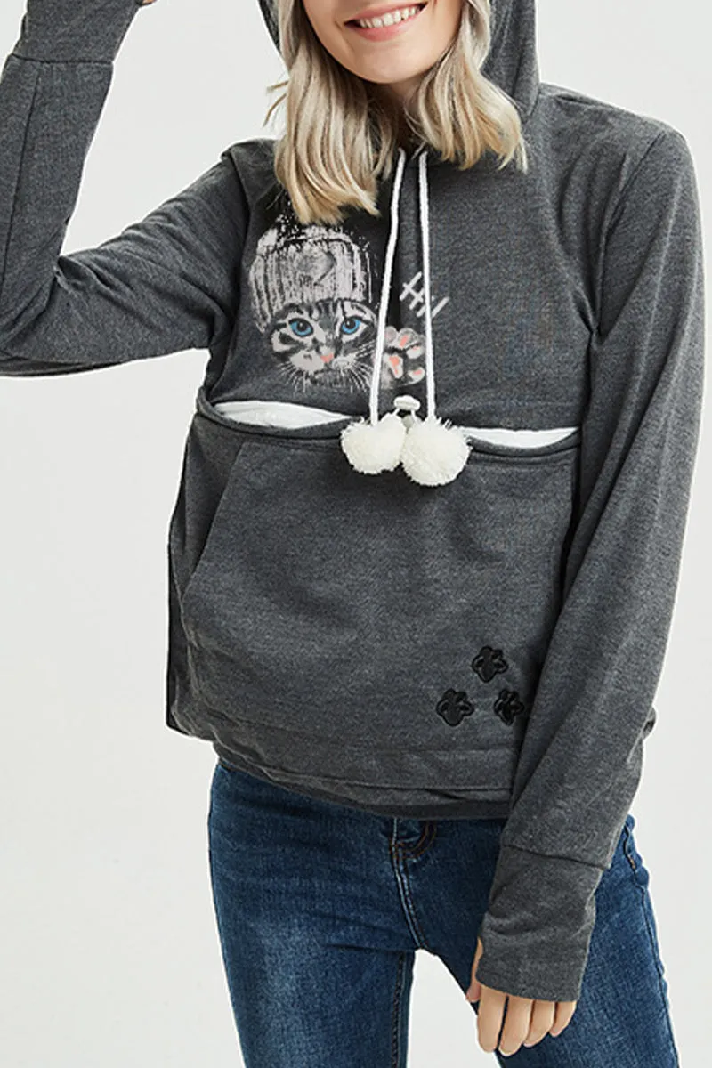 Casual Print Pocket Hooded Collar Tops