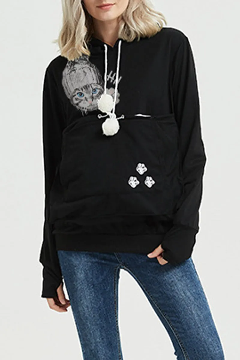 Casual Print Pocket Hooded Collar Tops