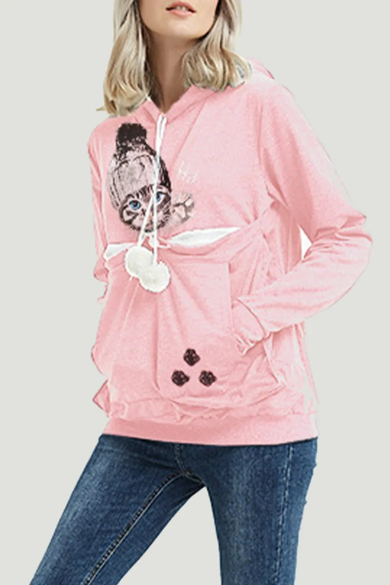 Casual Print Pocket Hooded Collar Tops