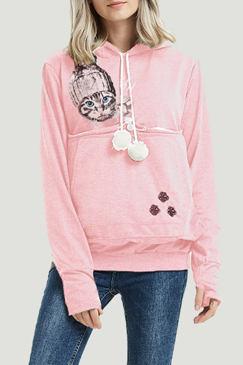 Casual Print Pocket Hooded Collar Tops