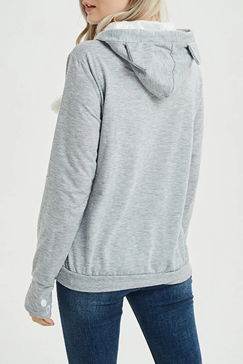 Casual Print Pocket Hooded Collar Tops