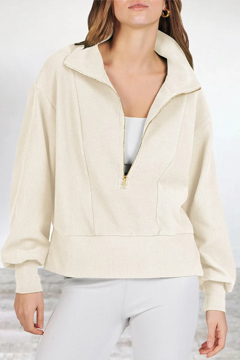 Casual Solid Zipper Turndown Collar Tops