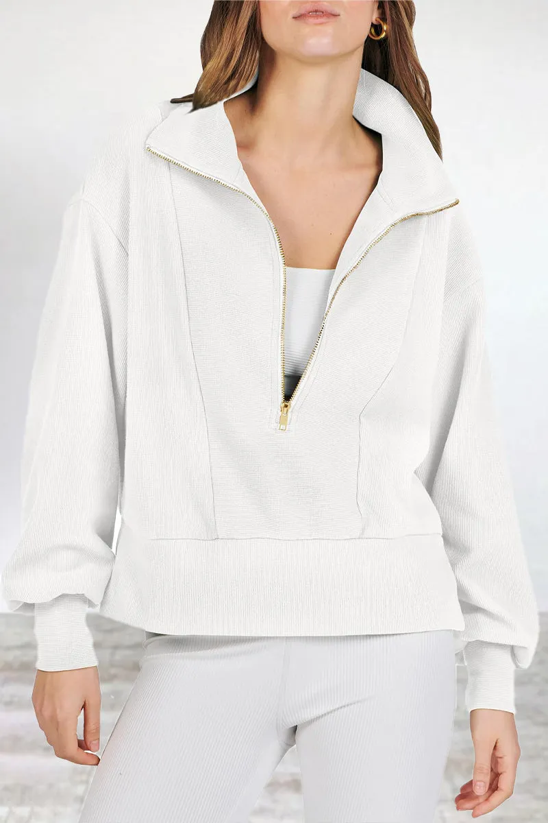 Casual Solid Zipper Turndown Collar Tops