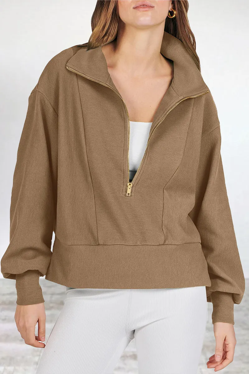 Casual Solid Zipper Turndown Collar Tops