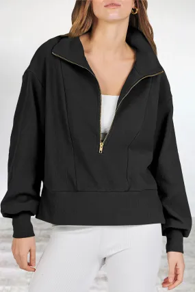 Casual Solid Zipper Turndown Collar Tops