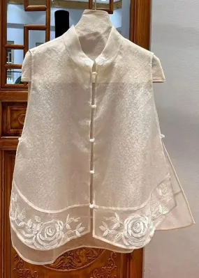 Chinese Style White Embroideried Patchwork Tulle Blouse Tops Sleeveless LY7132