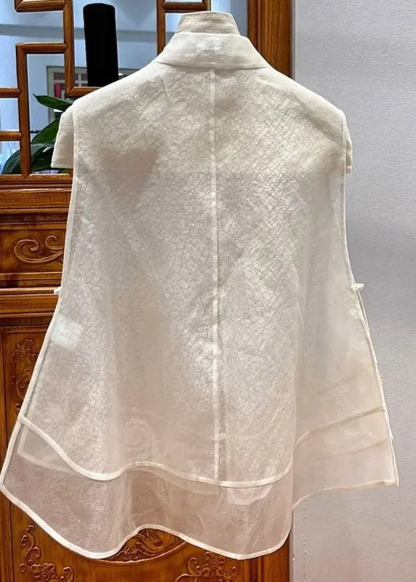 Chinese Style White Embroideried Patchwork Tulle Blouse Tops Sleeveless LY7132