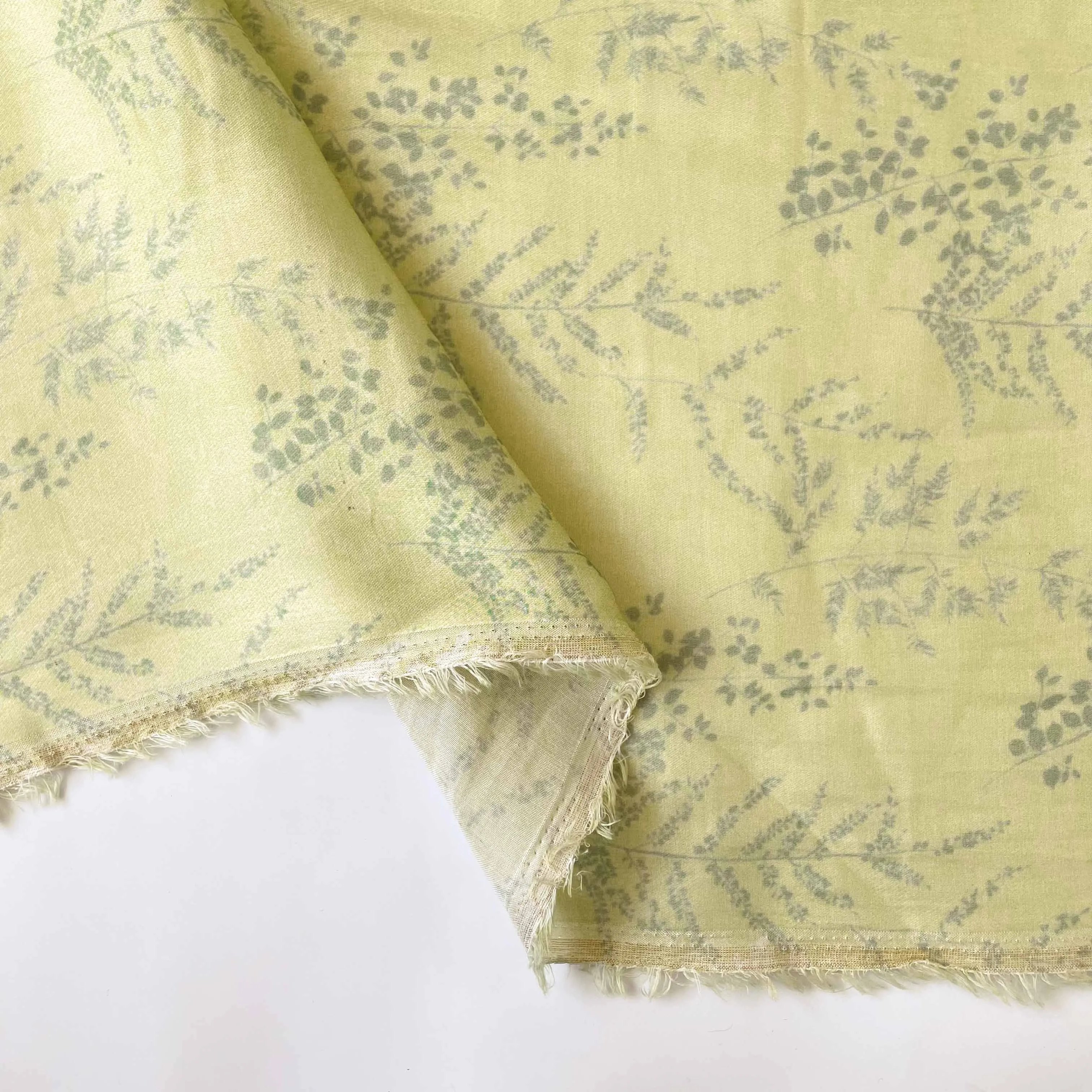 (CUT PIECE) Lime Green Ferns and Petals Digital Printed Pure Muga Satin Fabric (Width 44 Inches)