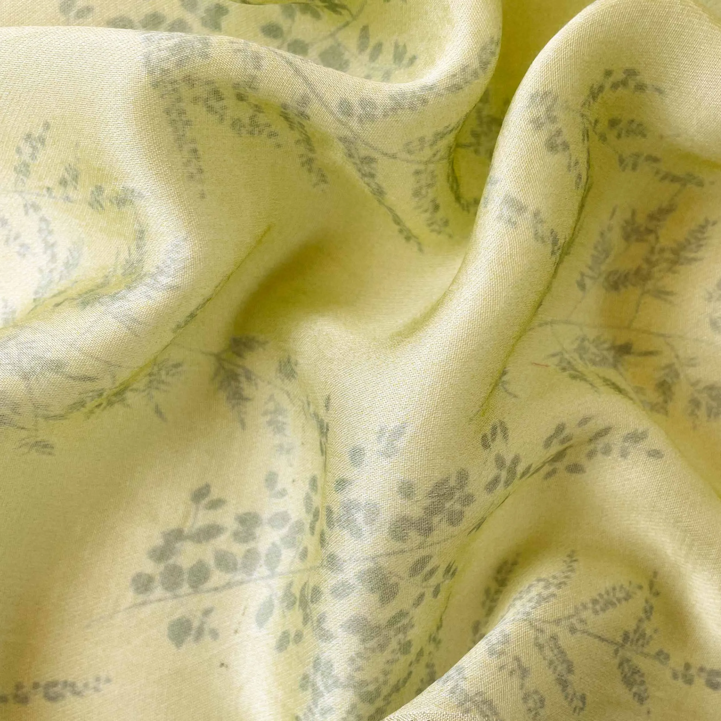 (CUT PIECE) Lime Green Ferns and Petals Digital Printed Pure Muga Satin Fabric (Width 44 Inches)