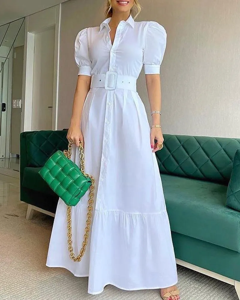 Elegant Short Sleeves Long Dresses with Belt