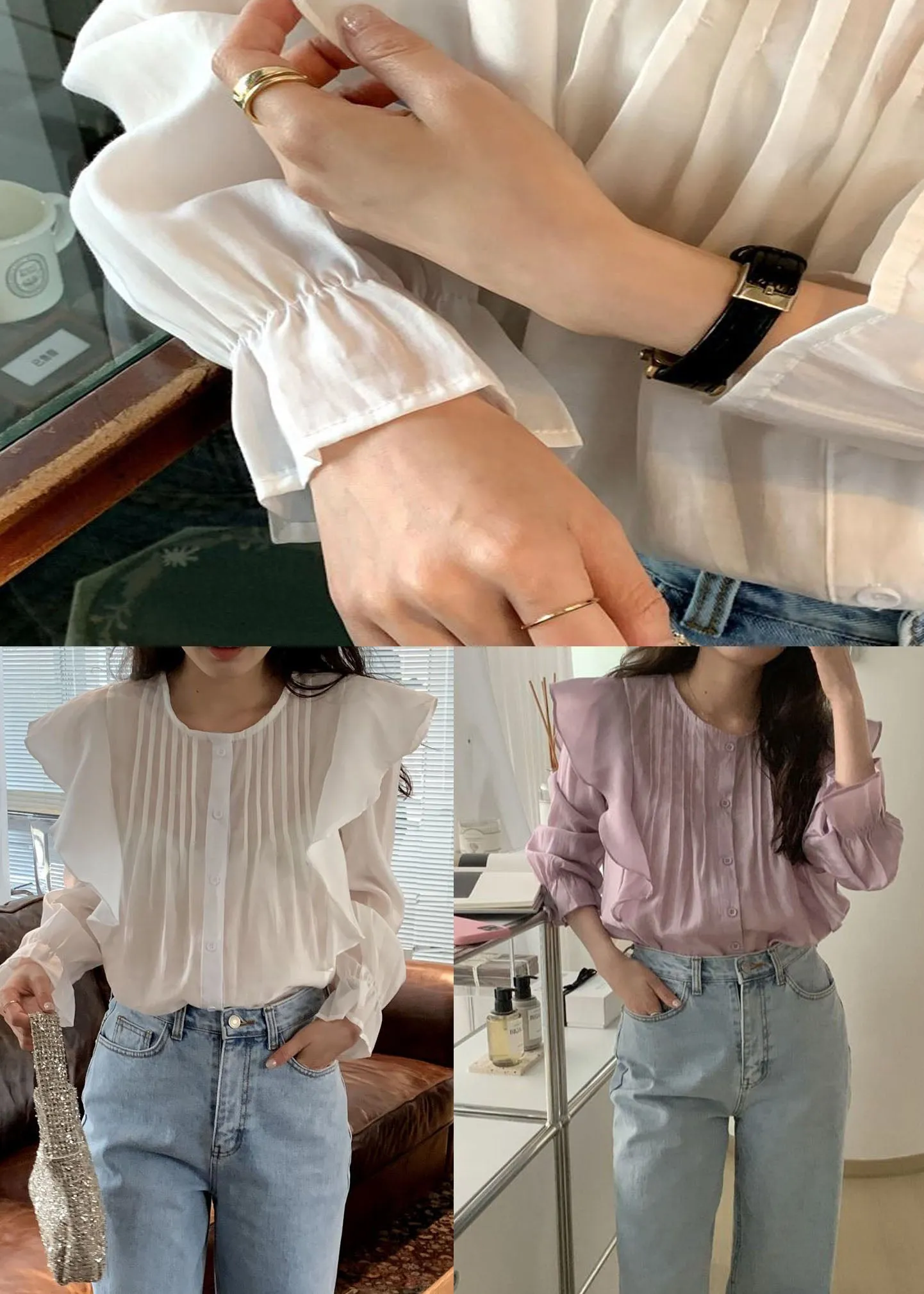 Fashion White Ruffled Patchwork Cotton Tops Long Sleeve LY2640