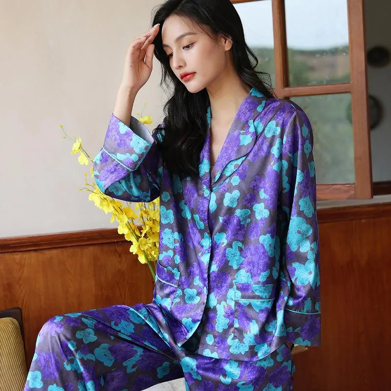 Floral Print Contrast Piping Satin Blouse & Pants PJ Set