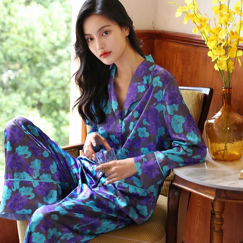 Floral Print Contrast Piping Satin Blouse & Pants PJ Set