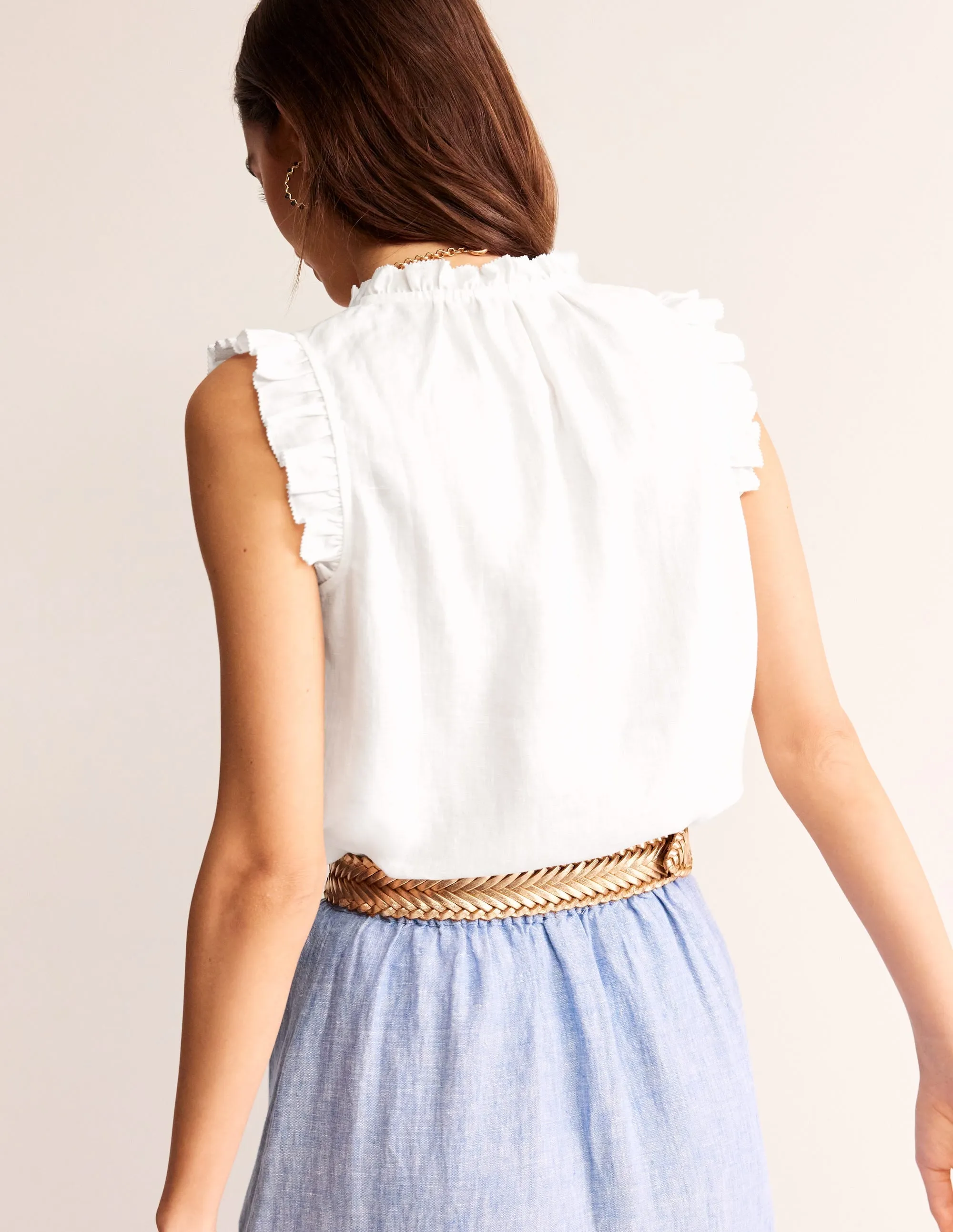 Frill Sleeve Linen Notch Top-White