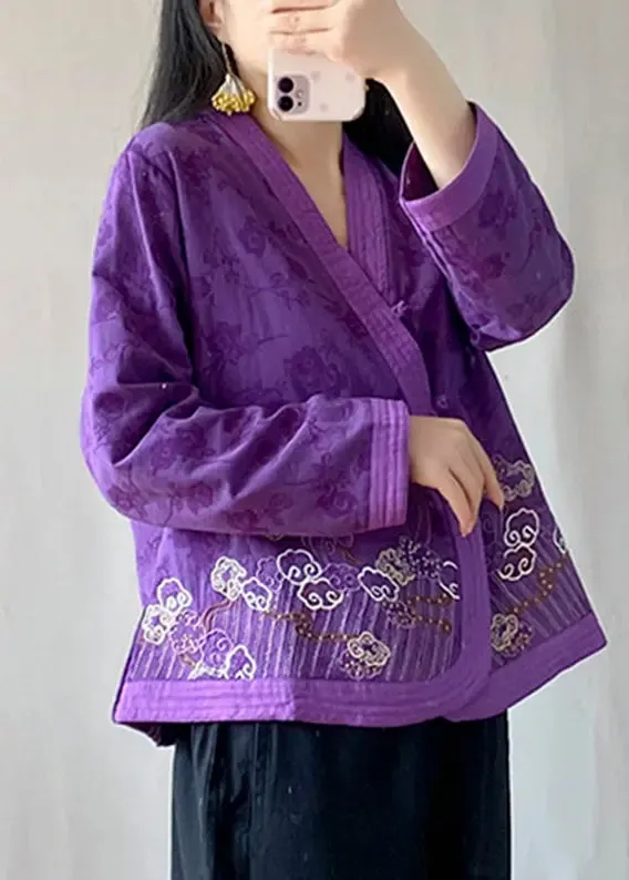 Handmade Purple Embroideried Floral Tops Long Sleeve ML0825