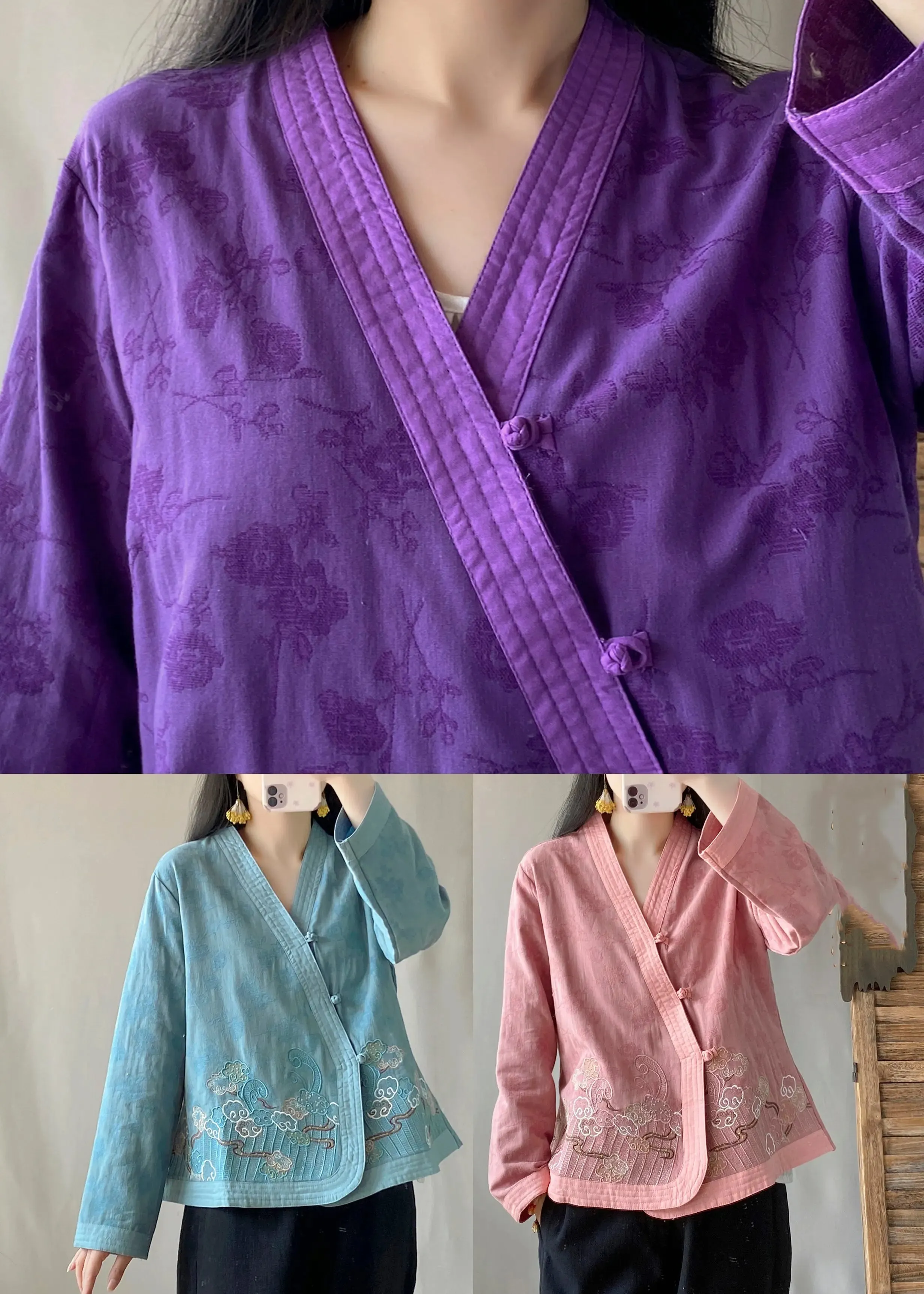 Handmade Purple Embroideried Floral Tops Long Sleeve ML0825