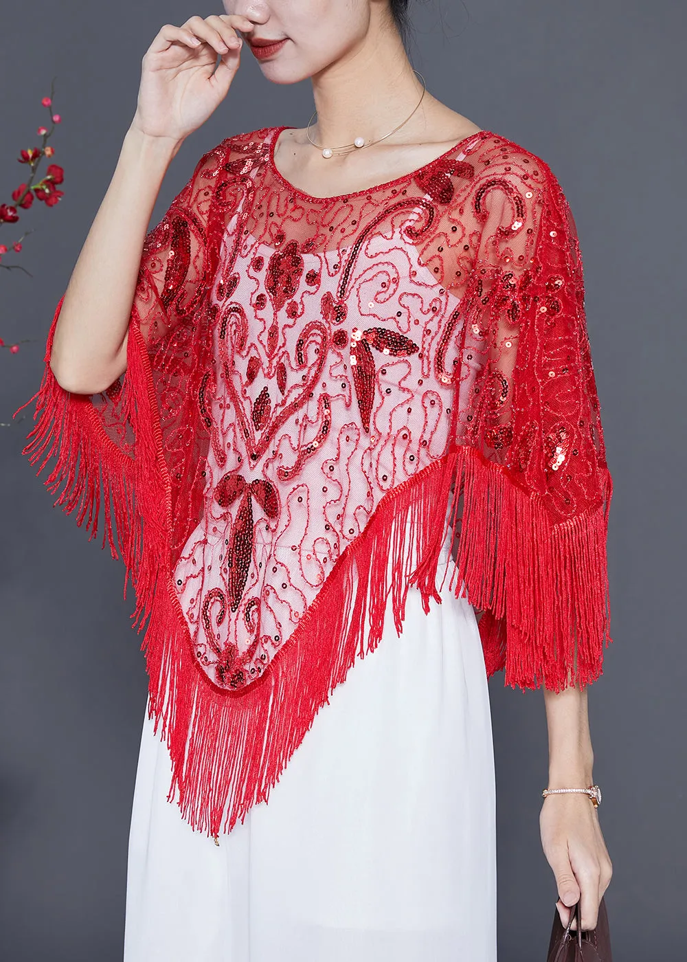 Handmade Red Sequins Tassel Tulle Tops Summer LY5544