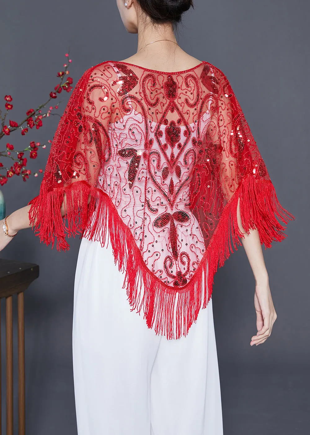 Handmade Red Sequins Tassel Tulle Tops Summer LY5544