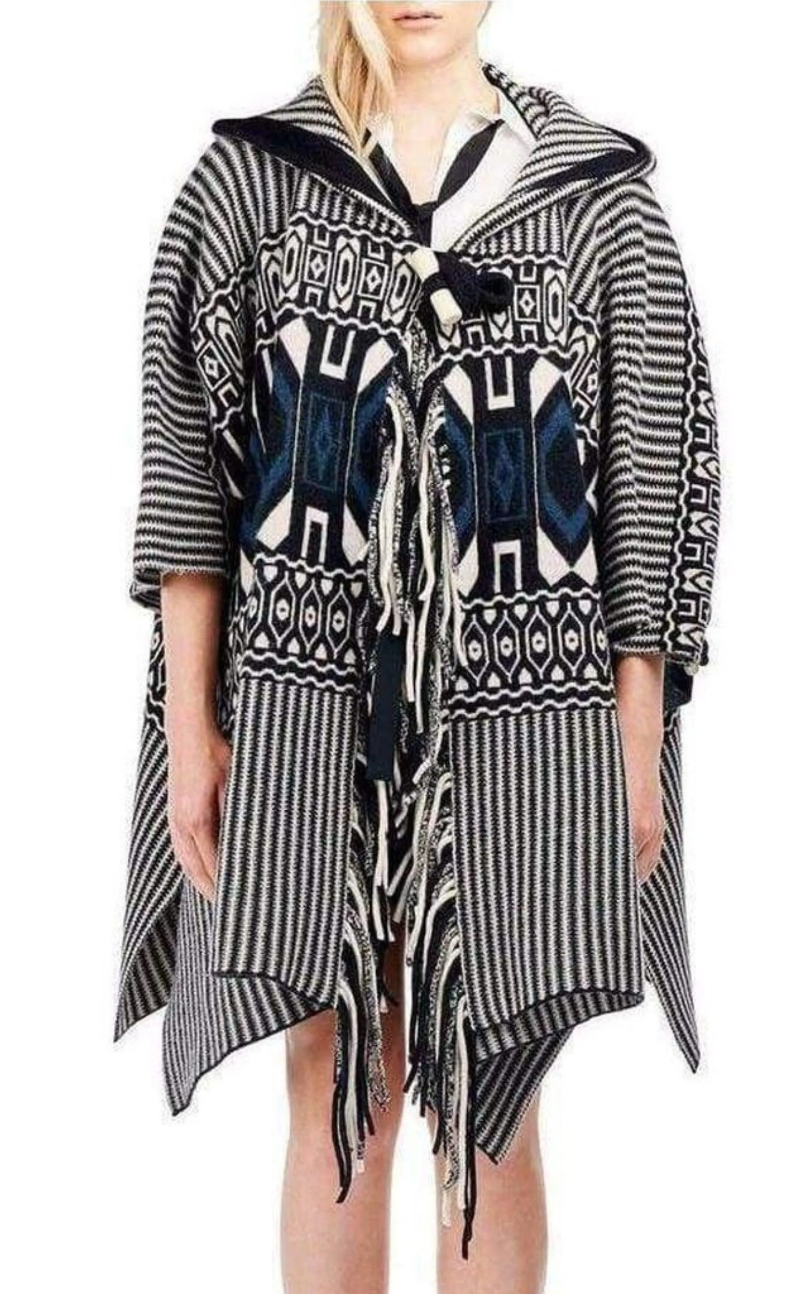 Intarsia Hooded Cape Poncho