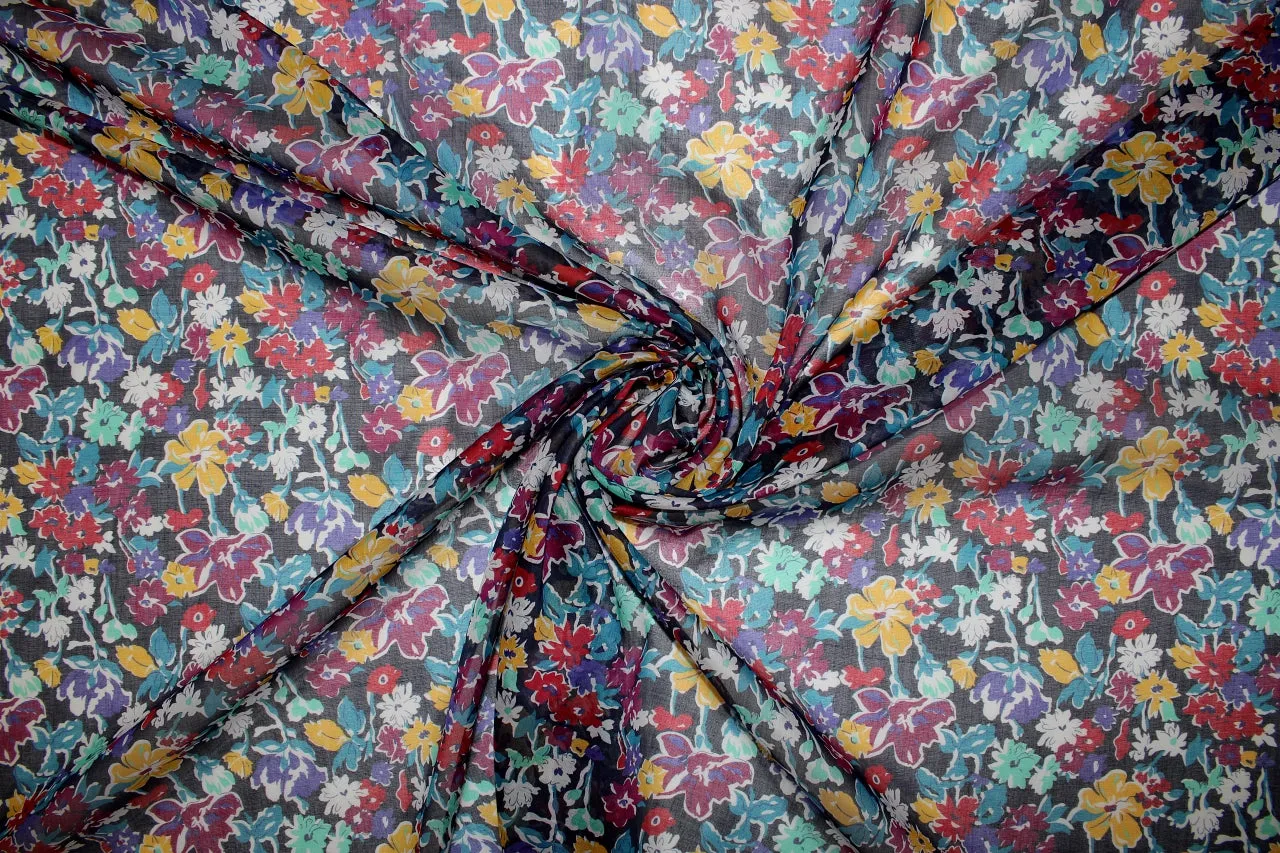 Italian Floral Cotton Voile- Multi on Black