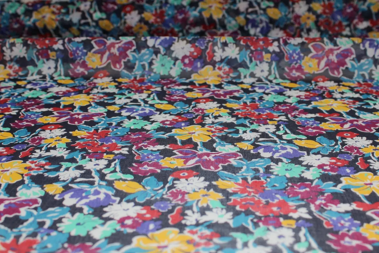 Italian Floral Cotton Voile- Multi on Black