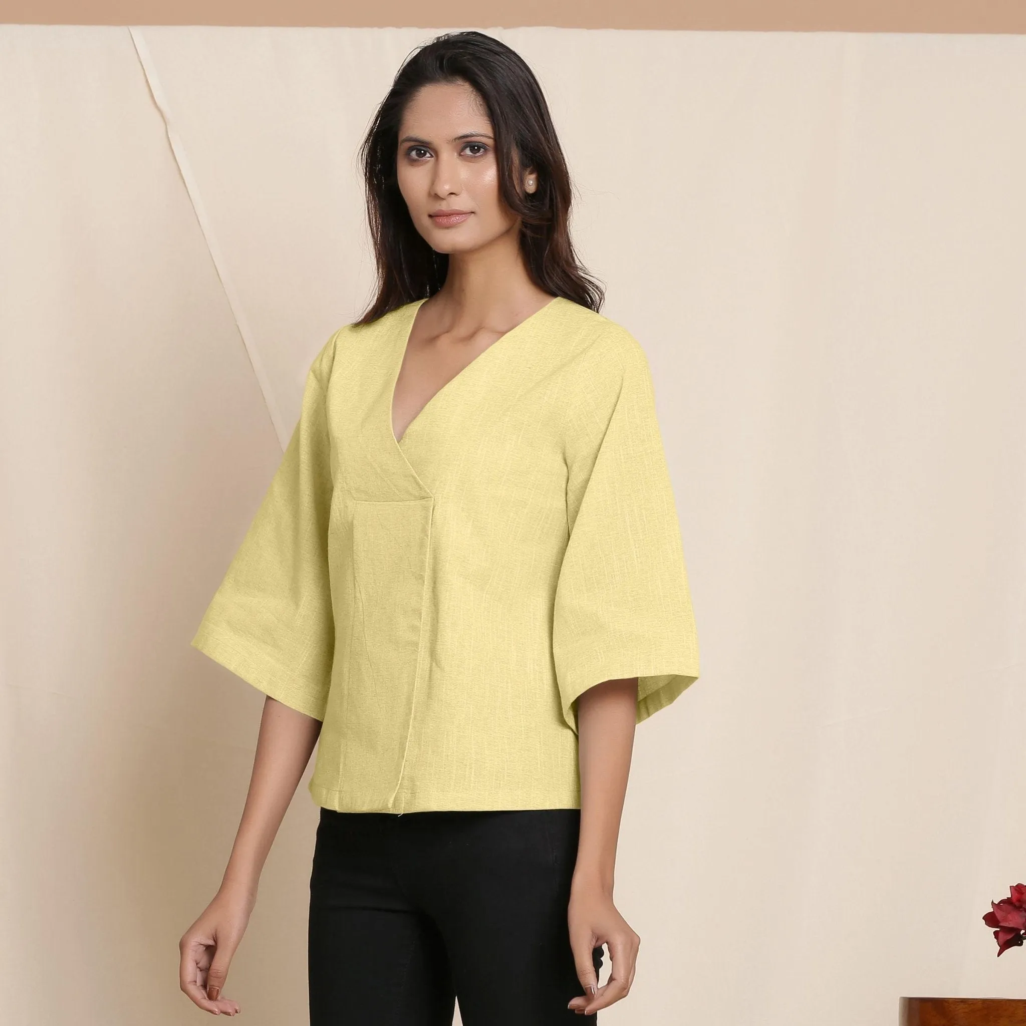 Lemon Yellow 100% Cotton Loose Fit V-Neck Top