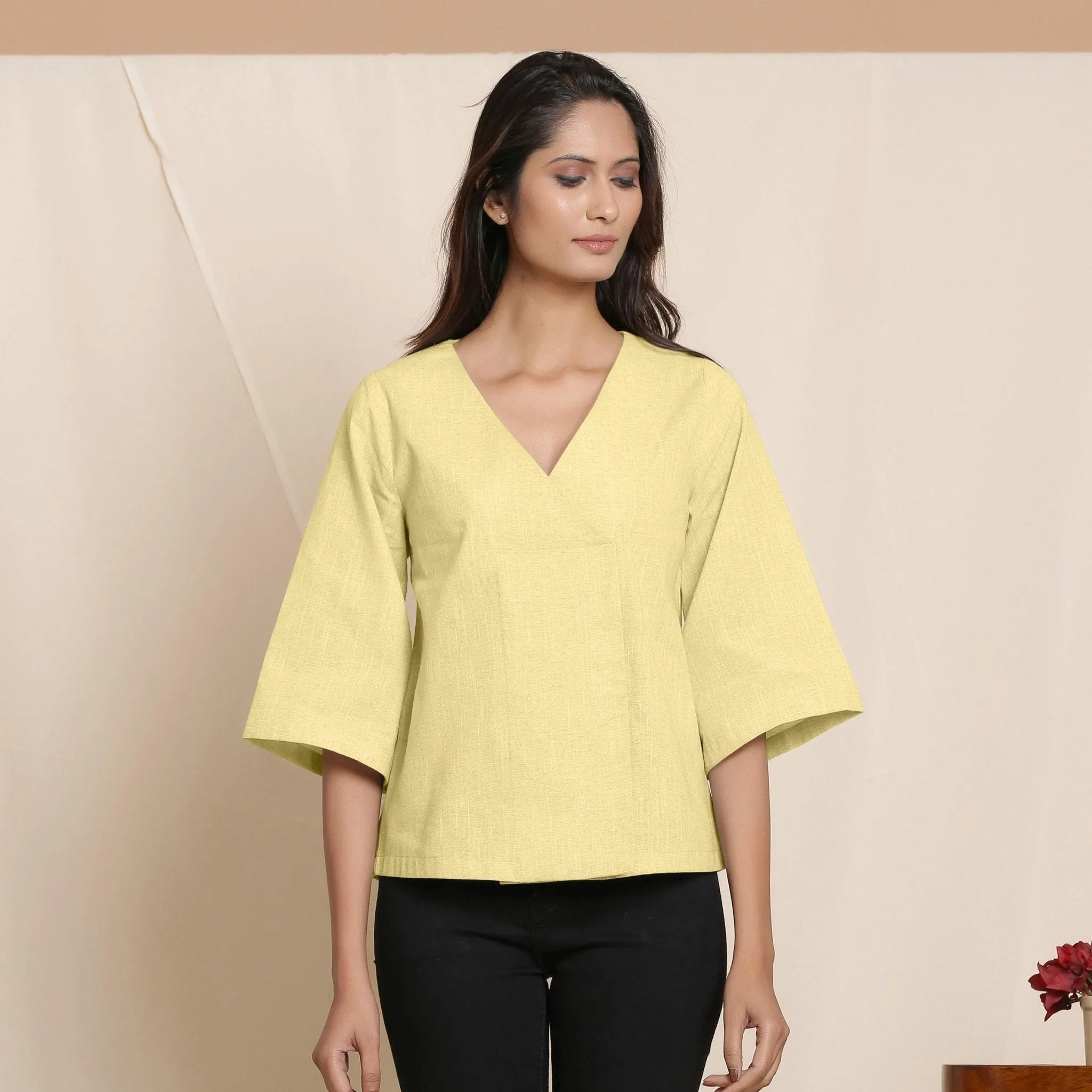 Lemon Yellow 100% Cotton Loose Fit V-Neck Top