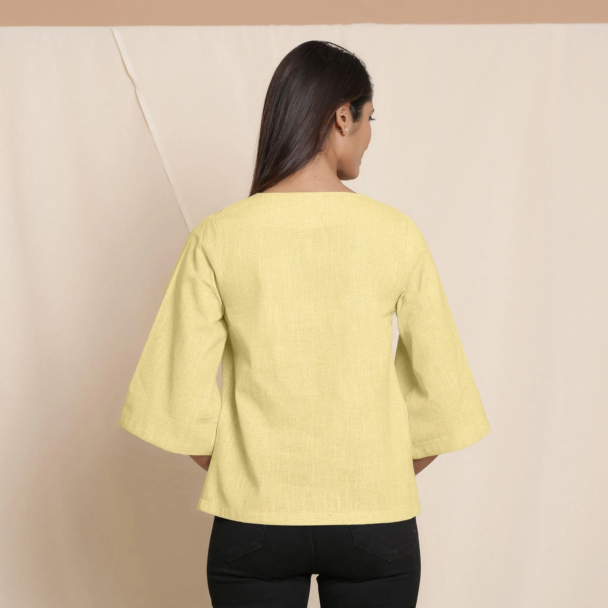 Lemon Yellow 100% Cotton Loose Fit V-Neck Top